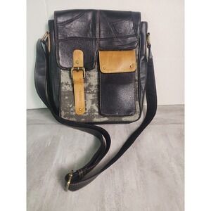 Vaan & Co Leather Messenger Bag Black Tan Crossbody Contrast Stitching